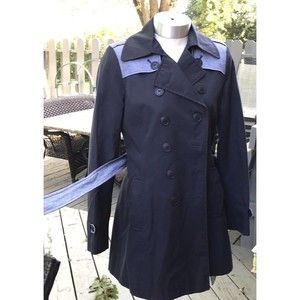 Dkny Navy Blue Xs Trench Coat Jacket Hip Length Cotton Blend